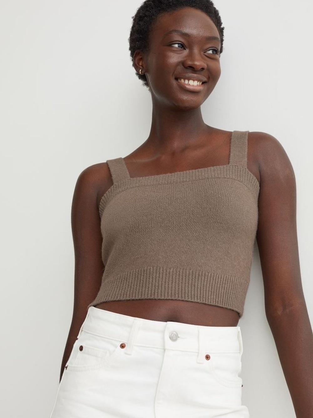 NWT H&M Dark Taupe Fine Knit Cropped Square Neck Tank Top Camisole Size XL